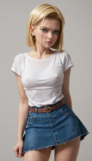 android 18, 18, dragon ball z, Android 18, Dragon Bal, blonde girl, 18 y.o., upskirt, shy, <lora:Movie_aesthetic_XL:1.2>
