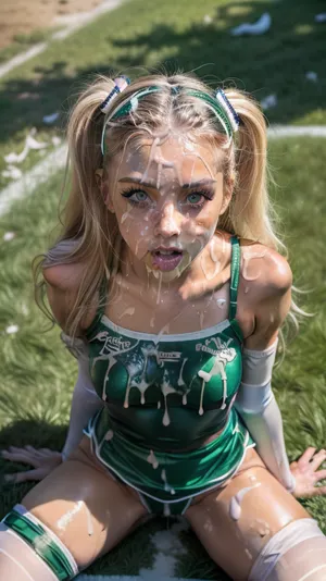 Solo, 1girl, masterpiece, (perfect lighting:1.4), (skinny:1.4), (ultra detailed face:1.4), (ultra high detailed cheerleader outfit:1.4), 8k, (slutty cheerleader outfit in, (black, white, green), , :1.4), (high resolution:1.4), (19 year old cheerleader:1.4), body, 5ft, heavy makeup, blonde hair, blue eyes, tanned skin, hairband, thigh high socks, (tons of cum:1.4), bukkake, American Football field, outside, grass, no panties, open pussy, cum sperm, creampie, massive creampie, <lora:more_details:.5>, <lora:Lgirl-v6_500steps:1>, <lora:facialized:.5>, <lora:cum_b1:.5>, <lora:bukkake_v0.4:1>