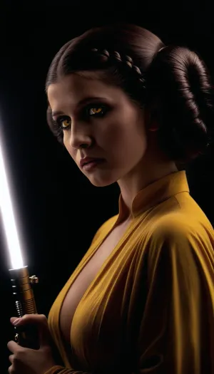 Uber realistic, 8k, ultra detailed, masterpiece, (realistic detailed face), (leia:1.5), (princess_leia:1.4), (dark_side_leia), (sith), (dark_side), (evil), star wars, death_star, full_body, (black_robes), (black smokey eye makeup), (glowing yellow eyes:1.2), (star wars armour), (full_view), (exposed), (exposed_breasts), (exposed_pussy), (nude), realistic detailed hair, realistic detailed body, realistic detailed skin, realistic detailed breasts, realistic detailed pussy, (action pose), detailxl, <lora:add-detail-xl:1.5>, <lora:dark:1.2>