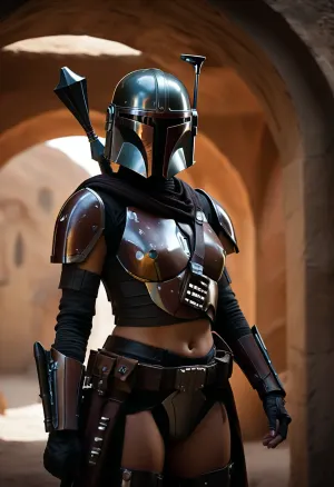 Uber realistic, 8k, ultra detailed, masterpiece, (busty Star wars female), mandalorian, black belt, black boots, (sexy mandalorian armour and helmet), full Body Photo in sci fi setting, Future, Star wars, (large breasts), pussy, exposed, (pussy in view), (exposed pussy), (show pussy), bottomless, nude, action pose, <lora:add-detail-xl:.8>, <lora:style_lora_realis:.8>, <lora:dark:.8>, detailxl