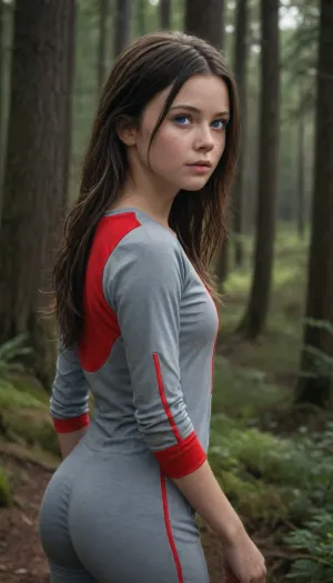 (4K UHD ultra-detailed RAW photo), high detailed, 8k, (photorealistic:1.7), raw photo, face focus, 3/4 body view, fit 19y girl, ((completely clothing)), (cute:1.4), ((in summer sport suit)), (fit body), ((dark long haircut)), perfect face, ((sad:1.3)), blue eyes, makeup, red lipstick, ((standing in forest)), ((view from behind)), <lora:photorealistic_portrait_notrigger:.8>, <lora:xl_more_art-full_v1:.8>, Photography, stvmccrr, style, <lora:stvmccrr:.8>
