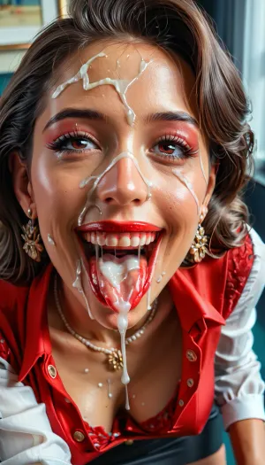 ((((28 yo cum covered spanish brunette in a red satin blouse, elegant mature look, pleasing, close up.)))), ((((sexy secretary wearing a tight buttoned blouse with and tight red pencil skirt)))), ((Very skinny, mouth open tongue out for cum, begging for cum, perfect mouth, perfect teeth, perfect smile, sexy, sensual look, pretty face)), cum all over clothes and model, Professional ultra realistic majestic photography, (Leica M6 Camera), 24mm, exposure blend, hdr, faded, extremely intricate, High, (fantasy art:1.1), Sharp focus, dramatic, soft cinematic light, (detailed pupils), 32k textures, adobe lightroom, photolab, elegant, soothing tones, insane details, hyperdetailed, realcumAI, cohf, face, covered, in, semen, woman, cum, on, cloth, (((lots of cum)))