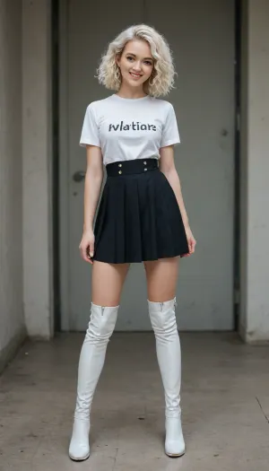 white thigh high boots, skirt, face, kpop idol face, smile face, full body view