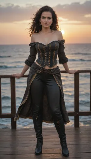 A sultry pirate woman standing on the deck of a weathered ship at sunset. She has long, windblown hair, a teasing smirk, and wears a fitted corset with gold trim, leather pants, thigh-high boots, and a sash with a flintlock pistol. Her confident stance and exposed shoulder hint at danger and allure. The ocean glistens behind her as a tattered black flag waves overhead, full body view