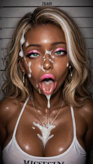 1girl, MILF, bimbo, whore, slut, slutty face, (japanese:1), (gyaru:1), blond hair, long hair, braight pink lipstick, green eyes, pink eyeliner, perfect eyes, small eyes, detailed eyes, small nose, (tanned skin), (dark skin), oiled skin, ahegao, (rolling eyes), tongue, excessive cum, mugshot, front view, cum on hair, clothed, white highlights, love, <lora:love:1>, <lora:dark:.6>, <lora:dvr-shrp:.8>, <lora:Image Enhancer XL Extreme v1:.8>, <lora:Rawfully Stylish v0.2_epoch_20:.7>