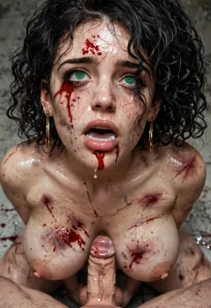 1 Transsexual, 40 years old, very sexy, bruised body, abrasions on the body, beaten body, bloody cuts on the body, many wounds on the body, with a beautiful face, with big breasts 5 sizes bigger, big fat ass 4 sizes, big fat hips, beaten whore, fat belly, folds on her stomach, transsexual stands with her legs spread wide, penis after ejaculation, transsexual has horror, fear in her eyes, exhausted face, sadness in her gaze, screams in pain, blood flows from her mouth, blood wipes from her mouth, green eyes, the look of a dirty whore, black hair, disheveled hair, dirty hair, dirty body, sweaty body, small testicles, beautiful penis, the observer looks up, there is a lot of hair on the penis, a very hairy penis, the observer looks from the ground