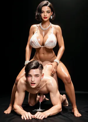 An ultra realistic, high detailed photo, black room, black background, (slender and slim latina futanari with black stocking and medium black bobcut hair on male), latina, (femdom, futa fuck white man analy, futa pegs male, doggy style, full body), cumming, mega massive futa dick, mega big heavy black futa balls, gigantic breasts, perfect slender body, slim waist, tanned skin, massive milky breasts, big white pearl earrings, several fine gold and pearl necklaces, several fine gold and pearl bracelets, black eyes, brown eyes, full and plump red lips, looking at viewer, laughing, wet skin, oiled skin, cum covered, sexy see thru nightie, <lora:209970_training_data:.9>, <lora:287175_training_data:.9>