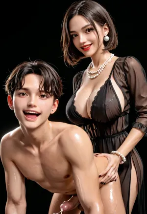 An ultra realistic, high detailed photo, black room, black background, (slender and slim latina futanari with black stocking and medium black bobcut hair on male), latina, (femdom, futa fuck white man analy, futa pegs male, doggy style), cumming, mega massive futa dick, mega big heavy black futa balls, gigantic breasts, perfect slender body, slim waist, tanned skin, massive milky breasts, big white pearl earrings, several fine gold and pearl necklaces, several fine gold and pearl bracelets, black eyes, brown eyes, full and plump red lips, looking at viewer, laughing, wet skin, oiled skin, cum covered, sexy see thru nightie, <lora:209970_training_data:.9>, <lora:287175_training_data:.9>
