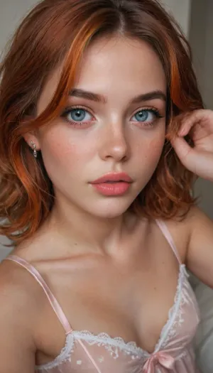 ziprealism, (score_9, score_8_up, masterpiece, maximum quality, RAW photo), medium closeup shot, sharp focus, high saturation, high contrast, focus on eyes, high angle, (adorable face, vibrant auburn hair with copper highlights, luxurious stylish hair, loose strands of hair, voluminous hair, pale skin:1.2), (babydoll lingerie, sensual esthetic, cozy bedroom, intimate moment:1.4), (lips parted, gasping, inviting pose:1.8), nighttime, shadowplay, overexposed, igbaddie, <lora:igbaddie-XL:.8>