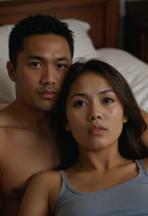 romantic vibes, intimate sex between newly wed man and woman, front view of the woman, half body view, woman looking at the viewer camera in sad face

The woman is named Sherina Putri, beautiful 30 years old woman, ((dark brown skin)), southeast asian, indonesian, malaysian, well-built, chubby face, mouth closed tight, medium-breasts, black fine medium-hair, woman with bareface, no makeup, blushing woman, dark room, dim backlit, woman with black tank top and hotpants, woman has slightly sad & confused expression The man is Kevin Lee, manly Korean male with fuckboy look. The man is showing his athletic body, flat chest, six-pack, ((man with huge penis bulge)), man wearing gray tight shorts, (CFNM), (((Woman's head is fully facing viewer))), Woman is cuddling with a man on the bed

Dramatic movie aesthetic, High contrast dark vibe, <lora:Movie_aesthetic_XL:.8>, <lora:CinematicStyle_v1:.8>