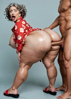 ultra realistic, side view, very old 80 years old woman, a black muscular man is sodomizing her doggystyle, doggystyle anal sex, grandmother is assfucked by a muscular black man, anal sex, perfect handjob, realistic handjob, grandmother has a square body shape, obese, bulging buttocks, massive round cheeks, bouncing butt, big fat obese mature grandmother, smooth wet shiny skin, very old, fat, plump, ripped torn bathrobe, intricate details, unbuttoned, sandals, messy dirty hair, oversized rounded butt, good hands, perfect fingers, oversized hips, super big round butt, ((super rounded butt, gigantic curvy butt)), ohwx25, woman, very surprised, disgusted, upset, detailed mouth, detailed scared face, Endless_Up_SDXL_Neg, PEOPShockedFace, shocked, face, eyes, popping, out, mouth, open, anime, cartoon, <lora:PE_OP_ShockedFaceMeme:1.5>