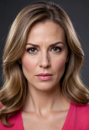 mature woman in her 50s, long light brown hair with lighter highlights, smooth forehead, eyebrows in a "v" shape, expressing an angry look. brown eyes, dark circles visible under the eyes. straight, medium-sized nose. pink, medium-thick lips, thin upper lip with downward expression lines coming out of its corners. thicker lower lip. fair facial skin with some reddish areas, due to natural blushing. rounded chin and a soft jawline. oval face.