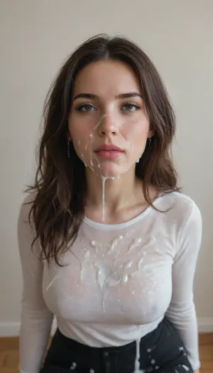 score_9, photorealistic, sits in library, huge penis at side, sitting at table, Black hair, wavy hair, side ponytail, closed eyes, sad face, throw back head, round face, smile lines, athletic body, skin tight black shirt, (narrow waist:1.4), (huge cum on face:1.8), (huge cum covered clothes:1.8), (cum on black pants:1.6), cum dripping huge penis, page, braless, Wearing, clothes, that, make, sense, with, Braless>, woman, cum, on, face