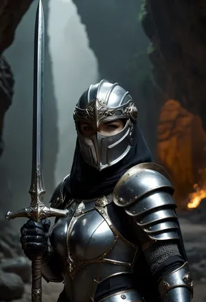 Uber realistic, 8k, ultra detailed, masterpiece, mature female fantasy paladin warrior, (holy shining silver armor), holding polearm in right hand, underground cave, (full_helmet:1.3), closed_helmet, visor, (face covered:1.5), night, realistic detailed eyes, realistic detailed armor, realistic detailed body, realistic detailed skin, hkstyle, detailxl, <lora:add-detail-xl:1.5>, <lora:style_lora_realis:1>, <lora:dark:.8>, <lora:hkstyleV5:1>
