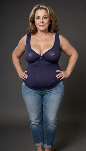 1/3 side view, This striking full-body portrait, meticulously presents a mature, Armenian, very obese, (chubby), (gilf), 60 years old. Her presence dominates the frame against a stark and unassuming plain black backdrop, ensuring all attention is directed towards her.
Her face is a compelling focal point, showcasing soft, mature features. Her skin has wrinkles, possessing a natural, even complexion that hints at a life well-lived. There are subtle suggestions of maturity around her striking light blue eyes, which are the windows to a confident and knowing gaze directed straight at the viewer. Her facial expression is inviting, marked by a sexy and authentic smile that subtly lifts her big, plump, and juicy lips, teeth showing, lips parted. The contours of her face are soft, lacking harsh lines, contributing to her approachable demeanor.
Framing her face is her long, brunette hair, which cascades over her shoulders with a natural wave. Interspersed within the brunette are distinct and visible streaks of gray, unequivocally signaling her mature age and adding a touch of distinguished elegance to her appearance. Her hair is styled with a simple part slightly to her right, allowing it to fall naturally and frame her face softly. Long hair.
Her body is plump and has a curvaceous figure, obese. Her mature physique is evident in several key areas, wide hips that suggest a feminine silhouette, a noticeable fupa, which is a roll of fat in the upper pubic area, a chubby pelvis, and a plump waist, all contributing to her substantial and womanly form. Her breasts are presented in a realistic manner, appearing saggy due to age and gravity. The thin fabric of her t-shirt allows for the distinct outline of her nipples to be visible, indicating the absence of a bra and adding to the naturalism of the portrayal. Braless.
She is comfortably dressed in a form-fitting, sleeveless v-neck t-shirt in a solid, medium heather gray color. The fabric appears to be a thin cotton material, which subtly clings to her curves, further emphasizing her plump figure. The v-neck cut is notably deep, drawing the viewer's eye to her décolletage, a classic area of mature feminine allure. Below the hem of the t-shirt, the top portion of what seems to be high-waisted blue jeans are unbuttoned and unzipped, open, pubic hair is visible, suggesting a casual yet comfortable style. Her pants are form fitting, providing a slight definition to her ample midsection, and curves. Unzipped jeans.
Her hands are positioned near her breasts, conveying a relaxed and natural posture. On her left hand ring finger, she wears a prominent wedding ring featuring a big, sparkling diamond, blue eyes, downblouse, nipslip, auburn, <lora:RealDownblouseXL2:.3>, <lora:Older_woman_v4-000002:.8>