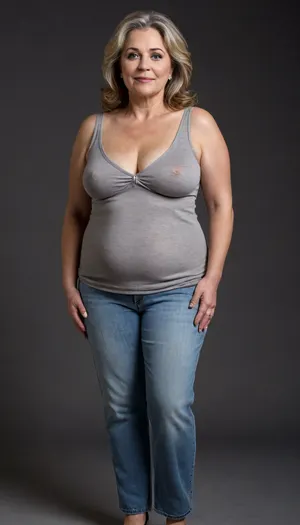 1/3 side view, This striking full-body portrait, meticulously presents a mature, Armenian, very obese, (chubby), (gilf), 60 years old. Her presence dominates the frame against a stark and unassuming plain black backdrop, ensuring all attention is directed towards her.
Her face is a compelling focal point, showcasing soft, mature features. Her skin has wrinkles, possessing a natural, even complexion that hints at a life well-lived. There are subtle suggestions of maturity around her striking light blue eyes, which are the windows to a confident and knowing gaze directed straight at the viewer. Her facial expression is inviting, marked by a sexy and authentic smile that subtly lifts her big, plump, and juicy lips, teeth showing, lips parted. The contours of her face are soft, lacking harsh lines, contributing to her approachable demeanor.
Framing her face is her long, brunette hair, which cascades over her shoulders with a natural wave. Interspersed within the brunette are distinct and visible streaks of gray, unequivocally signaling her mature age and adding a touch of distinguished elegance to her appearance. Her hair is styled with a simple part slightly to her right, allowing it to fall naturally and frame her face softly. Long hair.
Her body is plump and has a curvaceous figure, obese. Her mature physique is evident in several key areas, wide hips that suggest a feminine silhouette, a noticeable fupa, which is a roll of fat in the upper pubic area, a chubby pelvis, and a plump waist, all contributing to her substantial and womanly form. Her breasts are presented in a realistic manner, appearing saggy due to age and gravity. The thin fabric of her t-shirt allows for the distinct outline of her nipples to be visible, indicating the absence of a bra and adding to the naturalism of the portrayal. Braless.
She is comfortably dressed in a form-fitting, sleeveless v-neck t-shirt in a solid, medium heather gray color. The fabric appears to be a thin cotton material, which subtly clings to her curves, further emphasizing her plump figure. The v-neck cut is notably deep, drawing the viewer's eye to her décolletage, a classic area of mature feminine allure. Below the hem of the t-shirt, the top portion of what seems to be high-waisted blue jeans are unbuttoned and unzipped, open, pubic hair is visible, suggesting a casual yet comfortable style. Her pants are form fitting, providing a slight definition to her ample midsection, and curves. Unzipped jeans.
Her hands are positioned near her breasts, conveying a relaxed and natural posture. On her left hand ring finger, she wears a prominent wedding ring featuring a big, sparkling diamond, blue eyes, downblouse, nipslip, <lora:RealDownblouseXL2:.8>