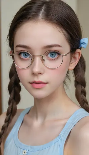 (((The whole body is visible))), nude, (photo taken in class), (((round thin-rimmed glasses))), (((narrow low face))), young face, Super realistic, perfect lighting, (best shadow), 8K, UHD, clear image, (best lighting), highest quality, ultra-detailed images, fine details, high resolution, 8k, (skinny waist), (skinny), Euro-American, (18 years old), bright blue eyes, dark brown hair, pigtails, very detailed face, blush, white skin, tt_flat, BJ_Oxygen, krnpp, <lora:reallora1:.5>, <lora:Oxygen girl_SDXL1.0:.5>, <lora:karina_sdxl_v10:.5>