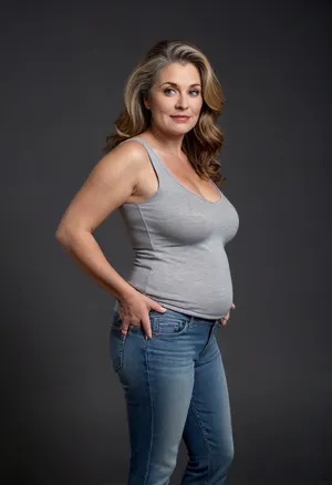 1/3 side view, This striking full-body portrait, meticulously presents a mature, Armenian, very obese, (chubby), (gilf), 60 years old. Her presence dominates the frame against a stark and unassuming plain black backdrop, ensuring all attention is directed towards her.
Her face is a compelling focal point, showcasing soft, mature features. Her skin has wrinkles, possessing a natural, even complexion that hints at a life well-lived. There are subtle suggestions of maturity around her striking light blue eyes, which are the windows to a confident and knowing gaze directed straight at the viewer. Her facial expression is inviting, marked by a sexy and authentic smile that subtly lifts her big, plump, and juicy lips, teeth showing, lips parted. The contours of her face are soft, lacking harsh lines, contributing to her approachable demeanor.
Framing her face is her long, brunette hair, which cascades over her shoulders with a natural wave. Interspersed within the brunette are distinct and visible streaks of gray, unequivocally signaling her mature age and adding a touch of distinguished elegance to her appearance. Her hair is styled with a simple part slightly to her right, allowing it to fall naturally and frame her face softly. Long hair.
Her body is plump and has a curvaceous figure, obese. Her mature physique is evident in several key areas, wide hips that suggest a feminine silhouette, a noticeable fupa, which is a roll of fat in the upper pubic area, a chubby pelvis, and a plump waist, all contributing to her substantial and womanly form. Her breasts are presented in a realistic manner, appearing saggy due to age and gravity. The thin fabric of her t-shirt allows for the distinct outline of her nipples to be visible, indicating the absence of a bra and adding to the naturalism of the portrayal. Braless.
She is comfortably dressed in a form-fitting, sleeveless v-neck t-shirt in a solid, medium heather gray color. The fabric appears to be a thin cotton material, which subtly clings to her curves, further emphasizing her plump figure. The v-neck cut is notably deep, drawing the viewer's eye to her décolletage, a classic area of mature feminine allure. Below the hem of the t-shirt, the top portion of what seems to be high-waisted blue jeans are unbuttoned and unzipped, open, pubic hair is visible, suggesting a casual yet comfortable style. Her pants are form fitting, providing a slight definition to her ample midsection, and curves. Unzipped jeans.
Her hands are positioned near her breasts, conveying a relaxed and natural posture. On her left hand ring finger, she wears a prominent wedding ring featuring a big, sparkling diamond, blue eyes