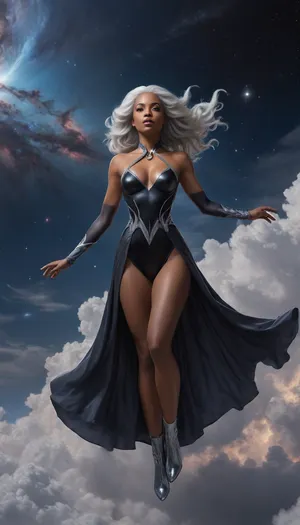 An image of Storm from the marvel comics, inspired by artist J Scott Campbell, (((levitating among clouds and galaxies, with long flowing https, //jscottcampbell.com/cdn/shop/products/Uncanny-12-D_90a4dd84-29c1-4c4a-8604-9f65e0684537.jpg?v=1661391351))), silver-white hair, wearing a flowing high-slit black gown adorned with crystalline and metallic embellishments. Her arms emit arcs of lightning energy, and her glowing black skin reflects the surrounding stars. The background shows a vivid galactic sky with nebula clouds, the Milky Way, and twinkling stars. Soft rim lighting and high dynamic range, mystical ethereal atmosphere. Style, digital fantasy art, hyperrealism, cosmic surrealism

#jscottcampbell #xmen, xmanstorm #digitalart #ethereal #fantasygoddess #cosmicbeauty #galaxyfashion #glowup