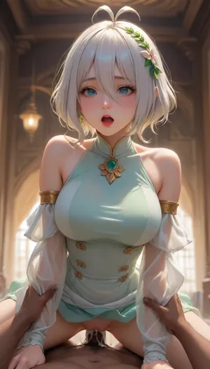 kokkoro from princess connect anime fucked by black man with big black cock, full body view, (fucked in doggystyle by an huge black man grabbing her), vaginal, (1man, African american man, very dark skin, large penis), big breasts, moaning, mouth opened, blush, showing her armpits, thick creampie, eye contact, interracial, male pov, (moaning, orgasm:1), (creampie:1.3), kokkoro, short, white hair, white, ornament, between, eyes, bare, shoulders, big, breasts, detached, (sleeves, sleeveless, puffy, dress, antenna, green, see-through sleeves), <lora:kokkoroXL:1.3>, <lora:Animated_Concept:1.3>