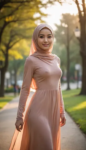 ultra high detailed photo, HD, 1girl, nude petite asian hijab girl posing, extremely detailed face, happy face, innocent smile, seethrough body shillouette, thin fabric long dress, (undercap covering hair), (faded nipples poking), no_underwear, strong backlight, strong front shadow, dynamic pose, low angle, park, sunset, detailxl, <lora:CinematicStyle_v1:.8>