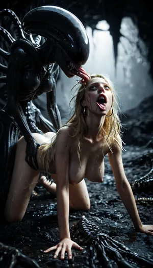 (ultimate realism:1.5), beautiful petite innocent shy girl, on all fours, ((violently fucked by huge xenomorph monster:1.4), ((xenomorph facehugger fucks girls mouth:1.4)), slender body, blonde long messy hair, moaning, (large natural breasts), puffy nipples, (in a dark slimy cave), eerie, foggy, <lora:dark:.8>, <lora:Rawfully Stylish v0.2_epoch_20:.5>, <lora:style_lora_realis:.5>, fchgr, <lora:Xenomorph_Facehugger_v2.0_SDXL:.8>)