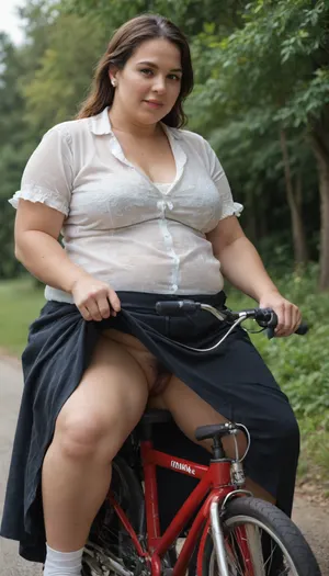 a mature, ((obese)), woman. She is sitting on the saddle of her bicycle and riding her bicycle through the grounds of Hall. She is wearing a thin white blouse. a black long skirt with a slit up to the thigh . her legs are apart and she is, (flashing her fat hairy pussy)