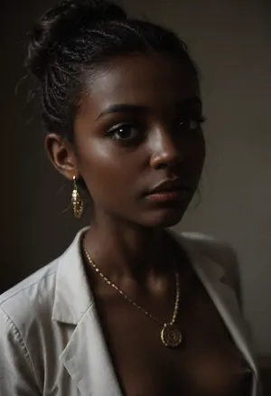 (same face as before:2), (same character as previous image:2), Top view, side view close-up girl, 45mm lens, (((big long thick eyelashes))), (extrem fashion makeup:1.5), Young girl with the "Down-Syndrom", (african face:1.5), (petite girl:1.9), ((midget:1.54)), (younger:1.38), very tight, (((Insanely hot very skinny brunette secretary in office))), ((small natural breasts:.8)), full body visible, brunette bun haircut, (((she is submissive, looking at viewer eye contact))), ((jewelry)), (necklace), naked, nude, (ultra realistic:1.4), (maximum quality:1.4), (high resolution:1.4), (extreme detail:1.4), (ultra realism:1.4), (maximum detailed skin:.2), standing in a submissive pose, different submissive expressions, looking to cam, head turnes to cam, ohwx, woman, <lora:ortega_sdxxxl_dh128_v1:.5>, <lora:dark:.25>