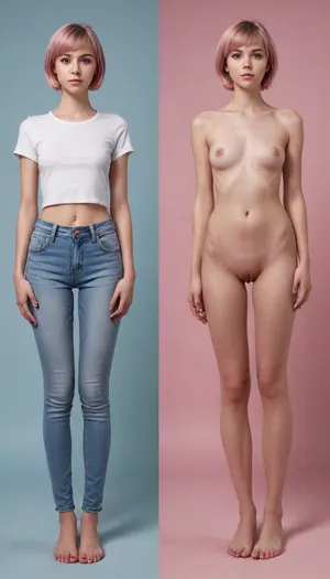 Zeitlose Eleganz: eine 20-jährige Reise in hyperrealistische Perfektion - Vorder- und Rückansicht eines süßen, schlanken Mädchens in Denim und Weiß