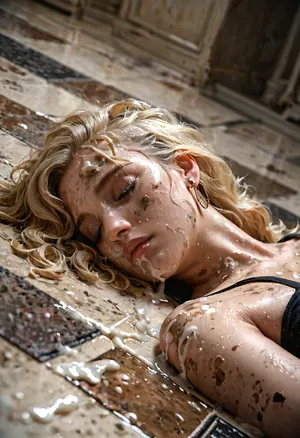 Blonde Girl with pale skin and dishelved hair lying unconscious and alone on a dirty floor, she was gang-raped multiple times and for days and so she looks, there is cum from at least 40 men on her.