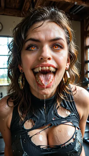 masterpiece, realistic, detailed, photorealistic, good lighting, pale veiny sexy fit milf, (dragon curse:1.13), ((cursed veins), (detailed bulging vein texture:1.13)), (possessed:1.15), (drooling saliva from her mouth:1.2), (dragon eyes), (very torn clothes:1.2), in a gym, (growing sharp dragon fangs), narrow waist, braless, Wearing, clothes, that, make, sense, with, Braless>, penicl, <lora:SDXL_Human_Male_Furry_Female:.8>, <lora:xl_more_art-full_v1:.7>, <lora:MJ52:.7>, <lora:bralessSDXL_v1_00022:1.7>, <lora:hyperkraximalism_v1-1:1.7>