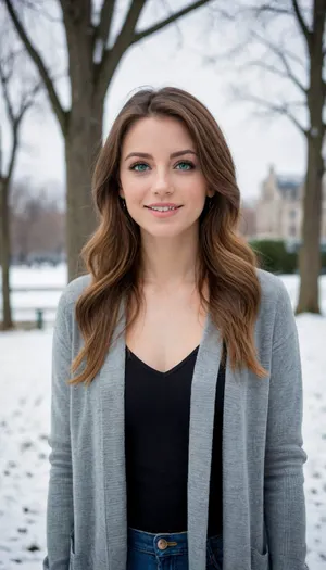 woman, green eyes, makeup, brown hair, long hair, earrings, grey cardigan, black shirt, jeans, looking at viewer, smiling, standing, outside, park, trees, snow, city, blue sky