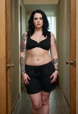 39 year old Caucasian woman, GOTH WOMAN, dressed casually, ((hourglass figure)), ((curvy body)), ((pale smooth skin)), jet-black hair worn in cascading waves, no makeup, sharp cheekbones, ((black occult tattoos)), tired eyes, occasional scowl, old worn-out tank tops, loose low-cut shorts, fuzzy slippers, standing in an apartment building hallway