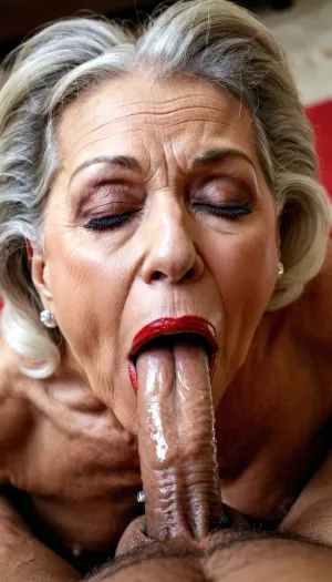sinful granny, in orgasm, closing her eyes, red lips, deep intensive sucking the cock, she moving fast her head, short cock, brown skin, older bodybuilding gilf, white ponytail hair, blowjob deepthroat, pov_deepthrt, deepthroating, a, man's, penis, blsdp, <lora:concept_pov_dt_xl2-000020:1.2>, she enjoy the sucking much