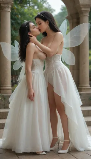 two skinny lesbian babes kissing each other, ((round breast implants)), ((large shiny nipple rings)), (long straight black hair), tiara, white fairy wings, (seethru long white corset dress), white high heels, eyes closed, red lips kissing, green eyes, full body view, (fancy garden party), <lora:seethruv3_SDXL:.1>