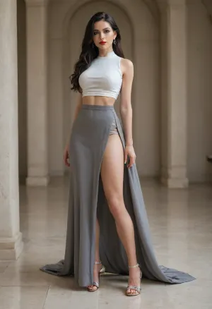 in a posh hotel elegant room vith a view, posing, sleeveless cropped tight shirt, modern pointed open toe high heels, long skirt, doung hair, makeup, red lipstick, big eyes, black long hair, fit body, long legs, seductive eye contact, natural big soft boobs, pokies