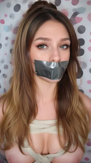 huge tit girl, tape, gag, duct, tied, <lora:TapeGag-v1:.8>