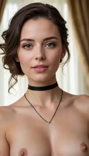 Full body portrait of a nude Italian woman with pale skin. Her dark, wavy, shoulder-length hair is tied in a soft updo. Perfect buttocks and beautiful chest. She wears only a leather collar and leather necklaces, with several small, crafted pendants. She has an inviting smile, which expresses an intriguing and accessible emotional state. Her lightly tanned skin has a natural, smooth glow, with a healthy, sun-kissed color. Her eyes are light gray. She wears a black satin mask over her eyes. Her expression is warm and inviting. The subject's body language suggests a relaxed, flirtatious posture. The setting is characterized by curtains that filter the light and a blurred background that suggests a beach or similar outdoor setting. The lighting is soft and natural, highlighting the subject's features with warm, golden tones. The warm, golden sunlight accentuates her skin, creating a natural, romantic aesthetic. The overall composition focuses on the subject's face and upper body. The atmosphere is sensual and welcoming, transmitting a sense of informal elegance. Photographic 8K style, natural light, soft focus, artistic portrait. Highly detailed, hand signed by "Dinamike" in the lower right corner with a white marker.