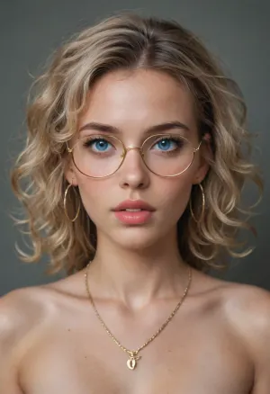 ultra high details, (((detailed face))), hyper realistic, masterpiece, realism, ultra realism, UHD 8K, best quality, natural light, Petite 18 year old girl, very small body, very skinny, small innocent face, skinny petite body, ((blue eyes)), eyes makeup, narrow hips, ((blond hair)), very small curly blond hair, ((voluminous hair)), african curly, hoops earrings, eye-liner, mascara, pink lipstick, perfect teeth, big gold glasses, thick lips, necklace, round face, she sticks out her tongue