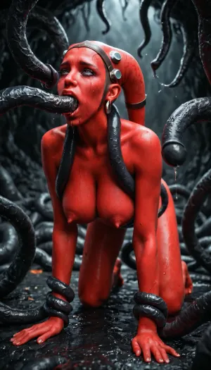 (realistic:1.5), beautiful sexy red skinned twilek girl, (violently gang banged on all fours by multiple black tentacles:1.4), vaginal penetration, anal penetration, oral penetration, hands restrained by tentacles, legs restrained by tentacles, neck grabbed by tentacles, ((exposed gigantic saggy perky breasts)), slender body, moaning, mouth opened, frowning, pain, agony, suffering, puffy nipples, (in a dark slimy cave with eerie light), Male, Twi'lek, Female, <lora:twi'lek:.8>