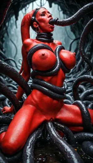 (realistic:1.5), beautiful sexy red skinned twilek girl, (violently gang banged by multiple black tentacles:1.4), vaginal penetration, anal penetration, oral penetration, hands restrained by tentacles, legs restrained by tentacles, neck grabbed by tentacles, ((exposed gigantic saggy perky breasts)), slender body, moaning, mouth opened, frowning, pain, agony, suffering, puffy nipples, (in a dark slimy cave with eerie light), Male, Twi'lek, Female, <lora:twi'lek:.8>