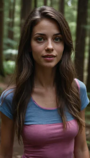 candid photo of a, (early-20s woman), (skinny), hiking on a mountain trail through a forest, dappled light, long hair, mischievous eyes, mischievous smirk, blue and grey colored eyes, lifting pink shirt to show small perky breasts, pants pulled down halfway, presenting incredibly hot puffy pussy, ZipRealism, ohwx, woman, Optional, 8k, photorealistic, intricately detailed face, realistic pussy, intricately detailed pussy, focus on pussy, <lora:alanah_dh128_sdxxxl_v1-step00008000:.5>
