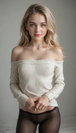 Twilight zarafet: Siyah ve beyaz pantyhose'de bir sarışın süpermodelin hiperdetailed portresi