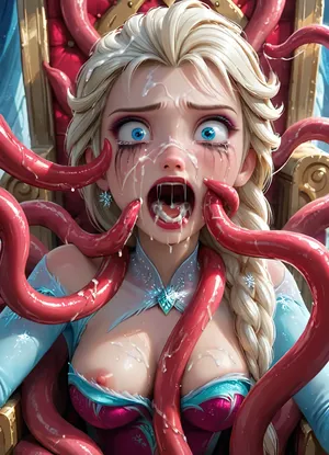 masterpiece, best quality, highly detailed, (anime:1.2), BREAK, (close up on girl's face:1.6), ((Elsa from Frozen with 6 tentacles)), (shocked, fear, screaming, crying, tears, surprised), running makeup, (sitting on a throne in a castle:1.2), (she is wearing a really torn dress, tentacles tore her clothes, she has one boob out:1), natural B cup breasts, perfect nipples, beautiful pussy, slim, athletic, gymnast body, restrained, many slimy tentacles, (a tentacle sliding in between her breasts shoots cum into her mouth while 5 tentacles ejaculate shooting multiple cumshots hitting her in the face and hair, bukkake:1.2), (Elsa receiving multiple cumshots to the face from 5 cumming tentacles:1.2), (cum on face:1.1), (cum in hair:1.1), (cum covered clothes:1), (cum in mouth:1), tentacles wrapped around her torso, breasts, neck, <lora:Animated_Concept:1>, <lora:add-detail-xl:.8>, <lora:Super_Eye_Detailer_By_Stable_Yogi_SDPD0:.8>