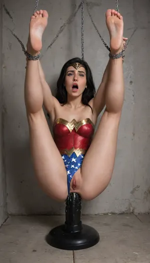 (((wonder woman outfit))), ((legs above head)), suspended by chains, visible soles, legs spread wide, ((lowered onto a massive dildo)), slim body, black hair, (pale white skin), (dripping skin), screaming in agony, small breasts, very slim waist, in pain, screaming, bondage, suspended, chained, fucking machine, sex piston, painful insertion, forced, (unrealistically large dildo:1.4), in bdsm dungeon, wearing stockings and high heels, agony, anguish, anxiety, depression, despair, grief, pain, sadness, stress, suffering, rope, black, tape, gag, cum dripping, cum leaking from ass, cum dripping on floor, <lora:Lamentations-000016:.8>, <lora:bdsm_SDXL_1_:.8>