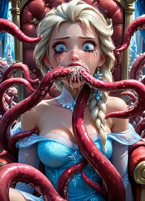 masterpiece, best quality, highly detailed, (anime:1.2), BREAK, (close up on girl's face:1.6), ((Elsa from Frozen)), (shocked, fear, crying, tears, surprised), running makeup, (sitting on a throne in a castle:1.2), (she is wearing a really torn dress, tentacles tore her clothes, she has one boob out:1), natural B cup breasts, perfect nipples, slim, athletic, gymnast body, looking down, eyes looking down, (restrained by tentacles, multiple oral insertions, multiple tentacles slide deep into her mouth and release massive loads of cum inside her mouth, blowjob, fellatio:1.4), oral, cum, (oral creampie:1.2), <lora:Animated_Concept:1>, <lora:add-detail-xl:.8>, <lora:Super_Eye_Detailer_By_Stable_Yogi_SDPD0:.8>