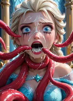 masterpiece, best quality, highly detailed, (anime:1.2), BREAK, (close up on girl's face:1.4), ((Elsa from Frozen with 6 tentacles)), (shocked, fear, screaming, crying, tears, surprised), running makeup, (sitting on a throne in a castle:1.2), (she is wearing a really torn dress, tentacles tore her clothes, she has one boob out:1), natural B cup breasts, perfect nipples, slim, athletic, gymnast body, restrained, many slimy tentacles, (a tentacle sliding in between her breasts shoots cum into her mouth while 5 tentacles ejaculate shooting multiple cumshots hitting her in the face and hair:1.2), (Elsa receiving cumshots to the face from 5 cumming tentacles:1.2), (cum on face:1.1), (cum in hair:1.1), (cum covered clothes:1), (cum in mouth:1), tentacles wrapped around her torso, breasts, neck, <lora:Animated_Concept:1>, <lora:add-detail-xl:.8>, <lora:Super_Eye_Detailer_By_Stable_Yogi_SDPD0:.8>