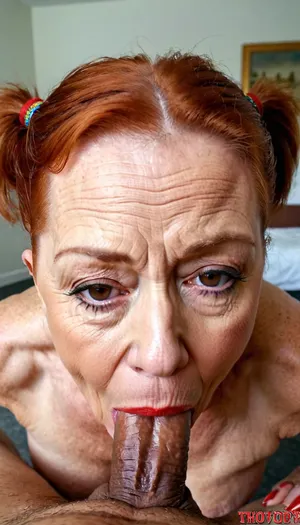 sinful granny, in orgasm, closing her eyes, red lips, deep intensive sucking the cock, she moving fast her head, short cock, brown skin, older bodybuilding gilf, ginger ponytail hair, blowjob deepthroat, pov_deepthrt, deepthroating, a, man's, penis, blsdp, <lora:concept_pov_dt_xl2-000020:1.2>