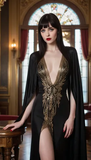 woman, 20s, nude, slim, thick thighs, wide hips, pale skin, blue eyes, red lipstick, black straight hair with bangs, dark makeup, eyeliner, seductive pose, ornate black and gold art-deco room, natural lighting, long sleek black silk evening gown, black cloak