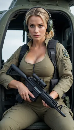 1 soldier woman, 8k, ultra detailed, soldier uniform, milf, wearing a battledress jacket, lacy bra, pilot tactical helmet with head gears, army boots, holding an assault rifle, attractive, sitting on the sidedoor of an army helicopter, wrinkles, 40 years old, blonde ponytail, green eyes, very thick battle army pants, picture taken with DSLR camera, realhips, french, (full body in view), wide jawline, square forehead, straight hair, pretty real eyes, high cheekbones, freckles